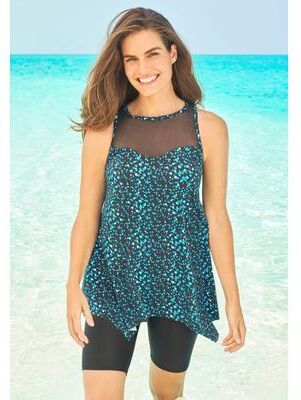 Plus Size Women's Mesh-Inset Longer Length Tankini Top by Swim 365 in Water Droplet (Size 16)