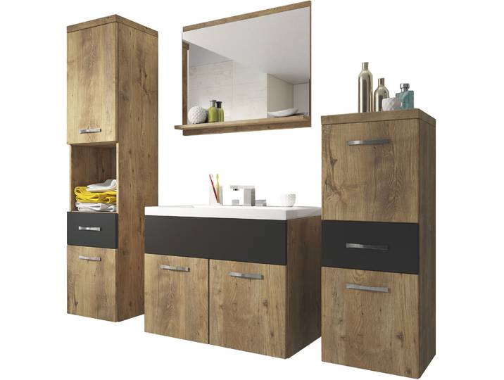 Badmöbel-Set WELLTIME ELDA , braun (kastanien breslau, schwarz graphite matt), B:120cm H:133cm T:34,5cm, Holzwerkstoff, Kastenmöbel-Sets, Badmöbel-Set, Waschtisch inkl. Waschbecken, Hochschrank, Badschrank und Spiegel