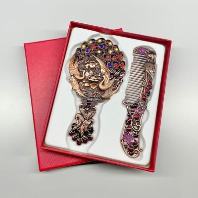 Fusion Finds Vintage Handheld Mirror & Peacock Mirror And Comb Set Portable Makeup Gift b