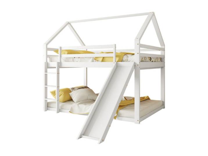 OKWISH Kinderbett Hausbett Etagenbett (Weiß, 140x200cm, mit Rutsche und Leiter), Etagenbett in Hausform mit Rutsche