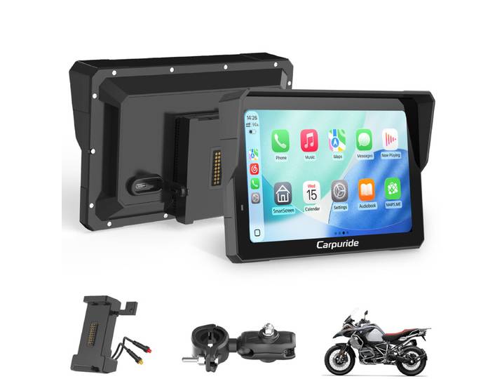 Écran CARPURIDE pour moto avec Carplay avec support BM05 pour plug-and-play, CarPlay et Android Auto sans fil, écran tactile imperméable 7 , fonction interphone, double Bluetooth, contrôleur filaire, navigation