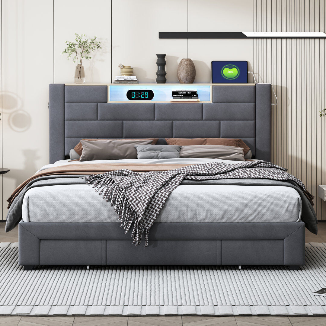Harriet Bee Torfred Velvet Ottoman Storage Bed With LED Headboard Shelf & USB Charging Ports Grey Kingsize (5')