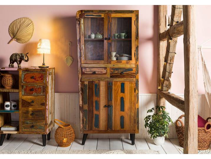 Vitrine 90x35 Bois de récupération laqué Multicolore SIXTIES #113