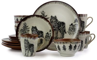 Elama Winter Wolf 16 Piece Round Stoneware Dinnerware Set in Taupe