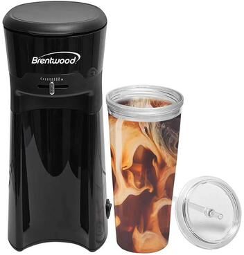 Brentwood Single Serve Iced Coffee Tea Maker in Black with 20 Ounce Insulated Tumbler