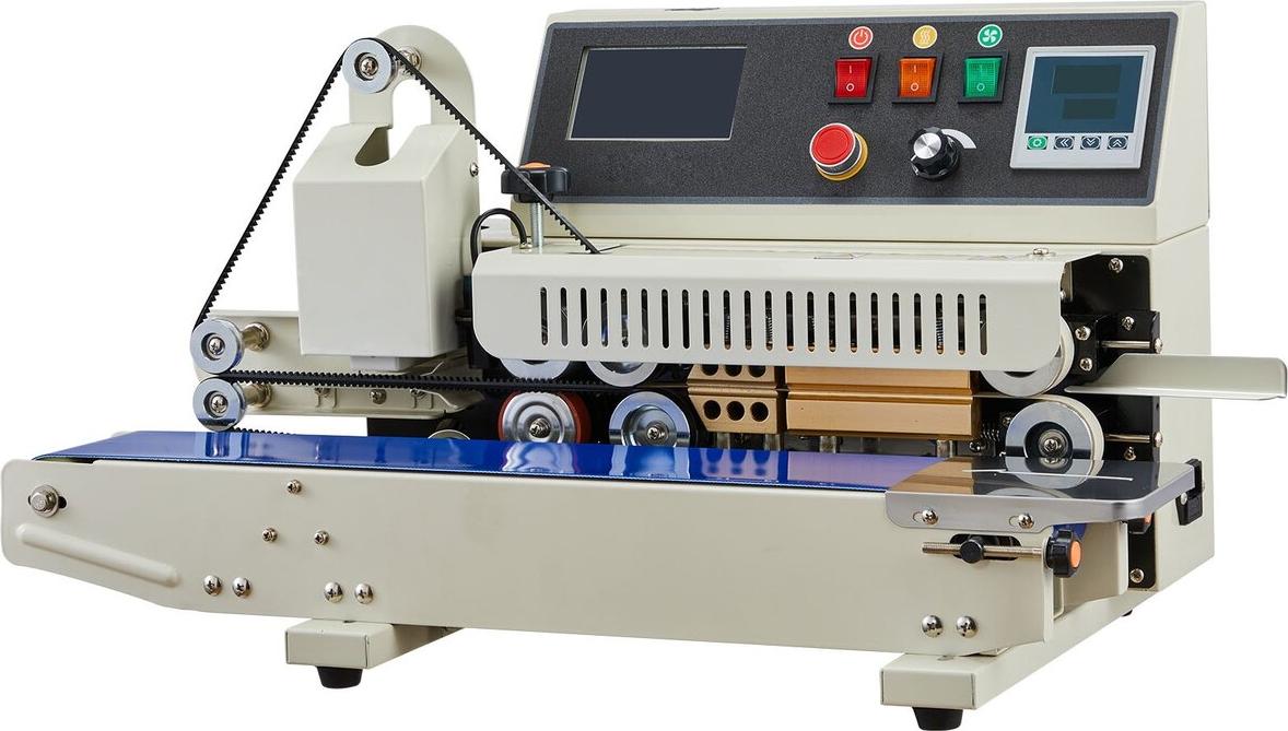 Kontinuierliche Beutelbandversiegelungsmaschine, 6-12 mm Versiegelungsbreite, horizontale Bandversiegelungsmaschine mit Tintenbedruckung, Temperatur und Geschwindigkeit einstellbar, gewerbliche Heißsiegelmaschine für 0,03-0,8 mm dicke Plastikbeutel