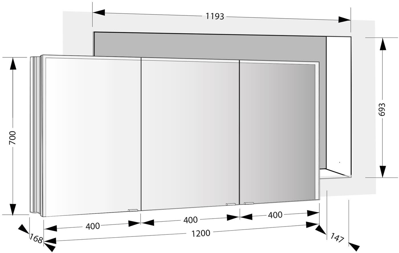 Sprinz Pure-Line Spiegelschrank Einbau mit 3 Türen 120 cm