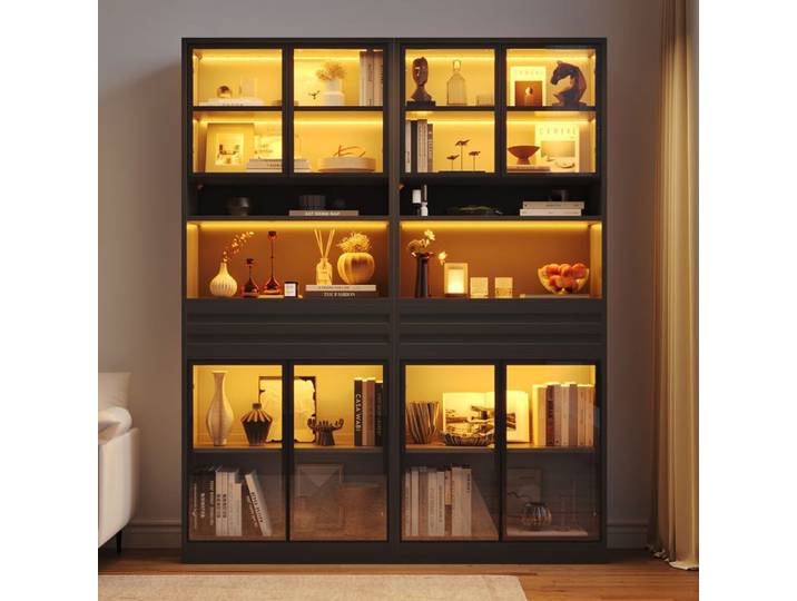 Vitrine haute noire pour salon éclairage LED RGB et rangement vertical