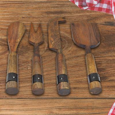 IH Casa Decor Gray Acacia Wood With Riveted Gunmetall 4 Pc Cheese Cutlery Set
