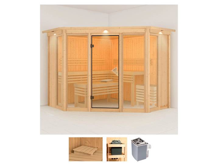 Sauna KARIBU Astrid 2 , beige (naturbelassen), Saunaofen, integrierte Steuerung, 9 kW, Saunen, Sauna, 9-kW-Ofen mit integrierter Steuerung