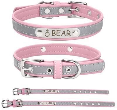 Uplifted Finds Custom Engraved Reflective PU Leather Pet Collar pink xs