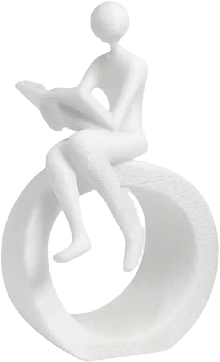 Leesbeeldje Abstracte Kunst - Moderne Witte Sculptuur voor Boekenplank Decoratie