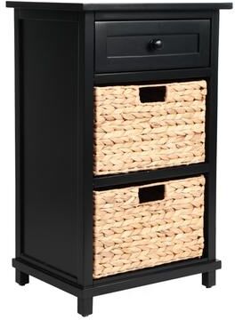 Jonathan Y Designs happimess Malibu Rustic Handcrafted Acacia Wood Accent Storage Nightstand with Drawer and 2 Water Hyacinth Woven Baskets
