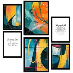 POSTER Set Mit 6 Abstrakte Farben Gelb Orange Blaue Formen A3 & A4 Schwarzer Rahmen