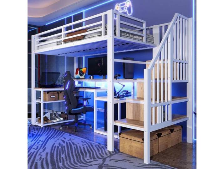 Lit Mezzanine 90x200cm avec éclairage LED et Port USB lit Mezzanine avec Bureau lit superposé escalier - Espace de bl LIT MEZZANINE