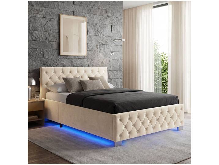 Polsterbett mit LED-Leisten & Stauraum - Samtoptik sand