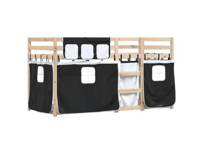 KTHLBRH Etagenbett aus Kiefer, 90 x 200 cm, Weiß und Schwarz Massivholz, mit Leiter, Sicherheitsgitter, inklusive Vorhänge, für Kinder