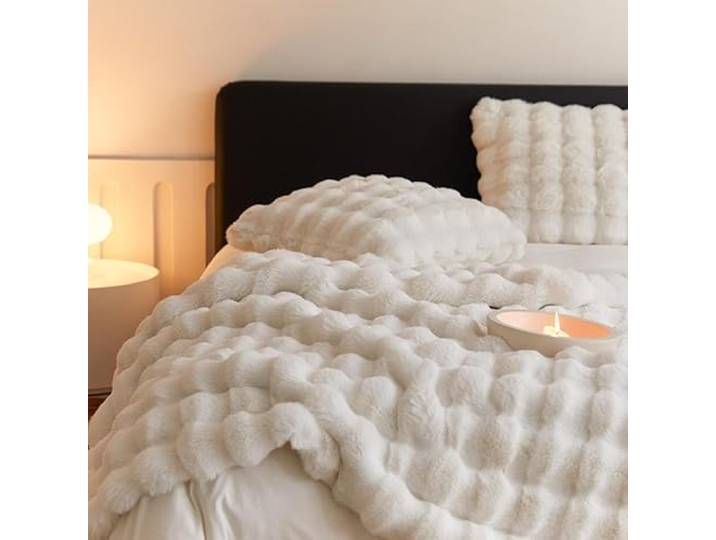 Kunstfelldecke Bubble Decke Faux Kaninchenfell Decke Kuscheldecke Flauschig Flauschige Decke Doppelgesicht Dicke Decke Fell FüR Bett Sofa Kuscheldecke Casual Decke (Weiß,200 * 230cm)