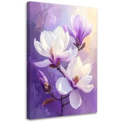 BILD auf Leinwand, Weiße Magnolien auf violettem Hintergrund mit weichem Licht