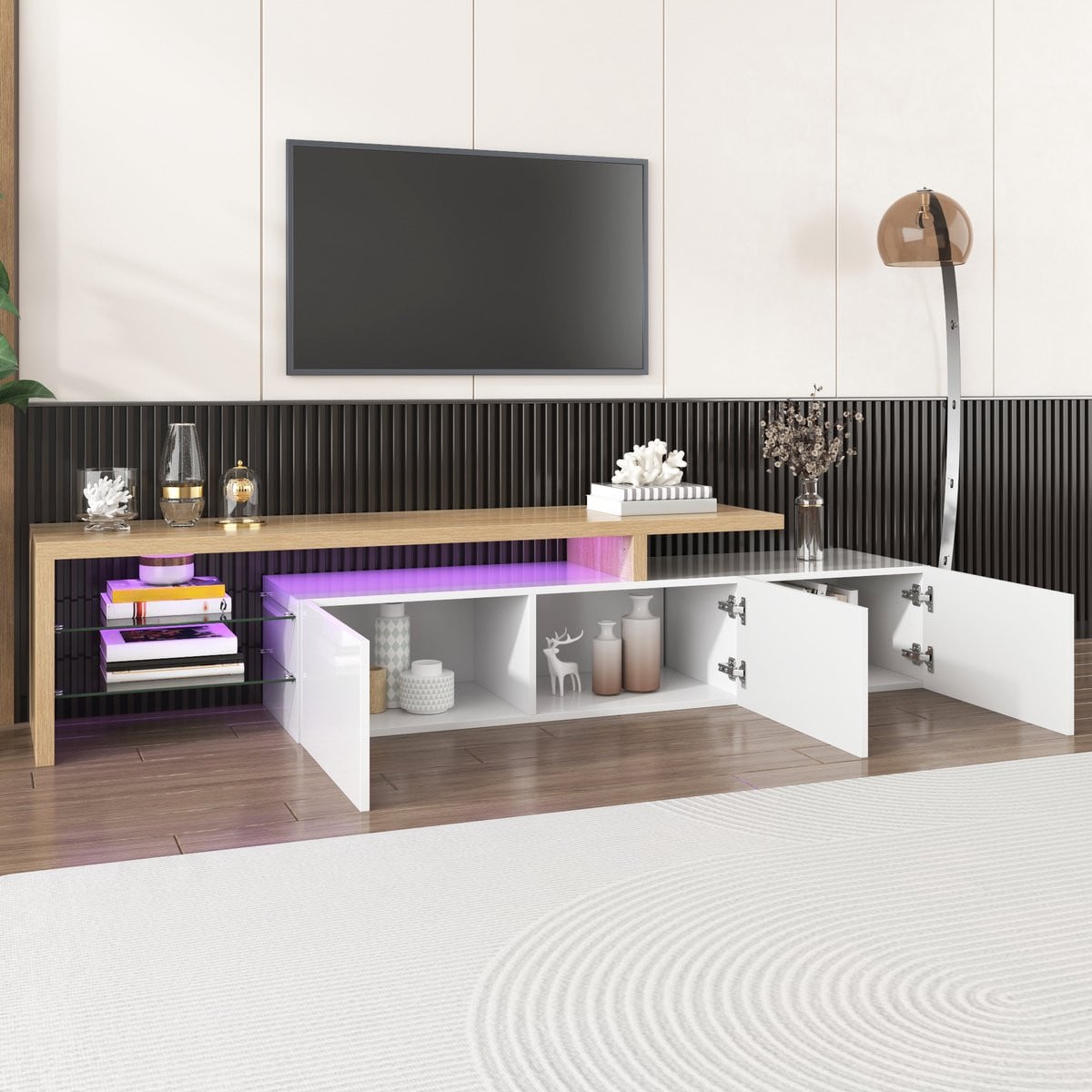 Merax Modern TV-meubel met geïntegreerde verlichting en glazen planken in wit