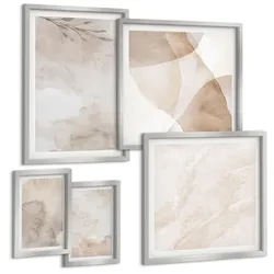 BILDER SET 5er Set - 50x50 cm & 20x30 cm & 40x60 cm Silberner Rahmen - Aquarellfarben, Boho-Texturen