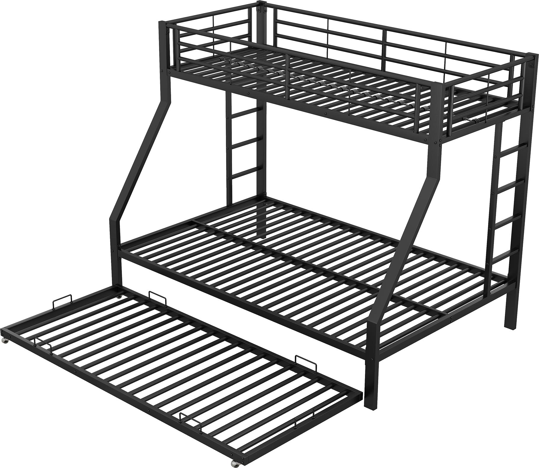 Etagenbett mit 2 Schlafgelegenheiten, Ausziehbett, Leiter und Rausfallschutz, 90x200cm/140x200cm, Kinderbett, Metallbett
