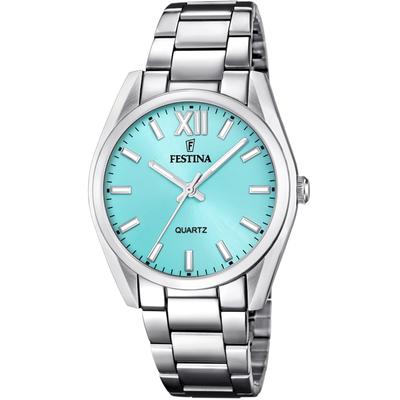 Quarzuhr FESTINA "Boyfriend Collection", silber (silberfarben, türkis), Armbanduhren, Damen, Quarzuhr, Armbanduhr, Damenuhr, Edelstahlarmband