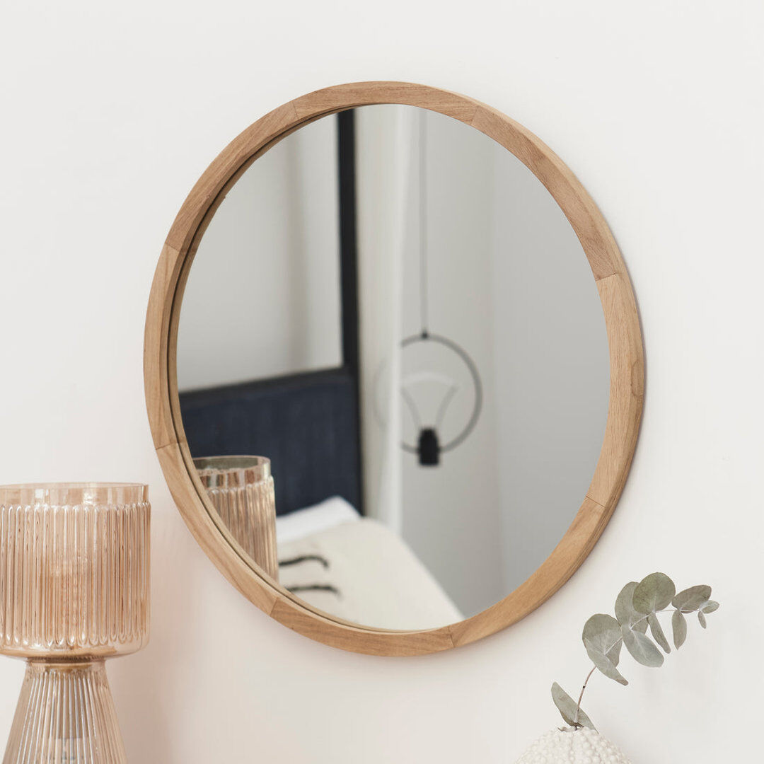 17 Stories Luvine Solid Wood Round Wall Mirror Brown Wood 50 cm H x 50 cm W