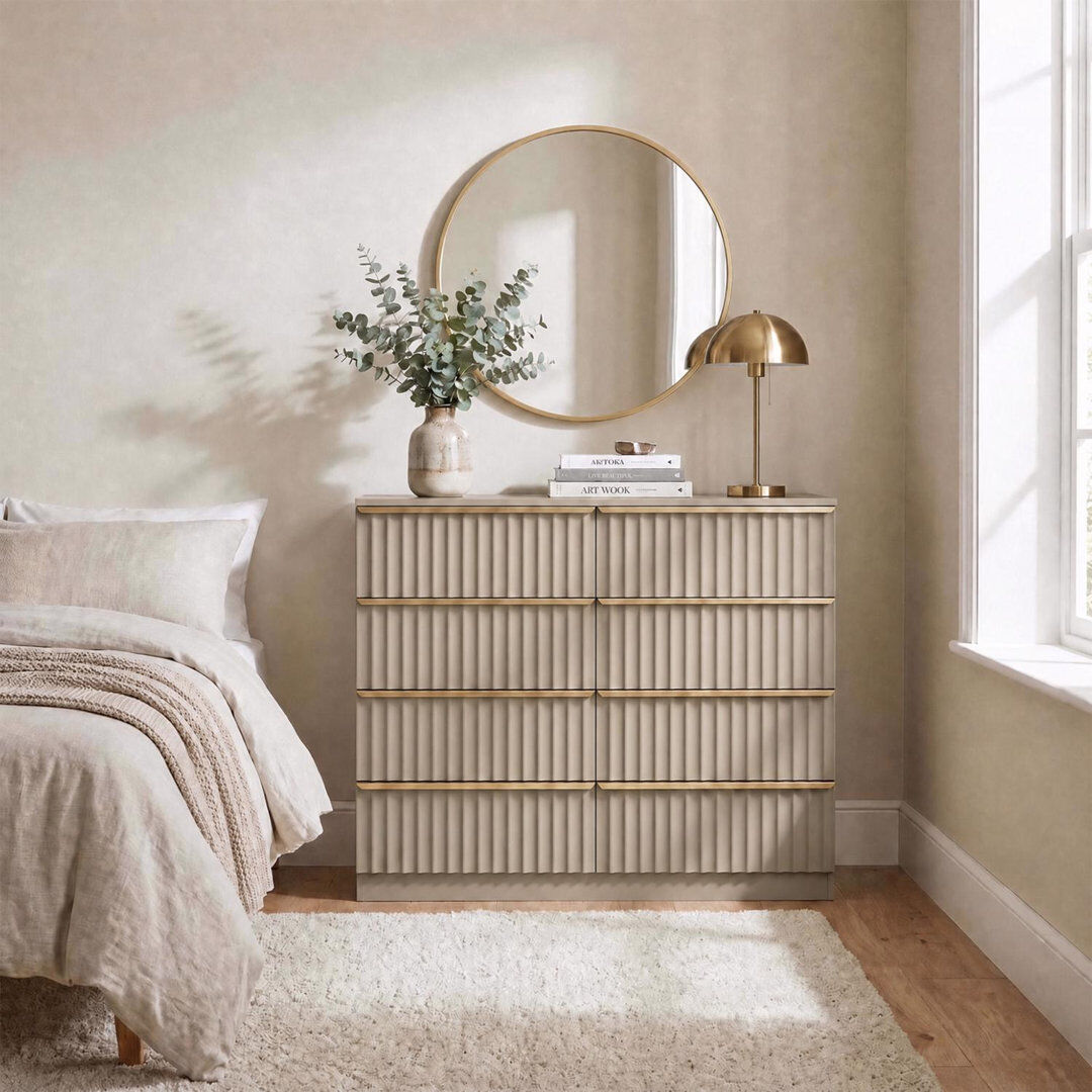 17 Stories Lania 104 cm W Chest of 8 Drawers Beige 73.5cm H X 104cm W X 40cm D