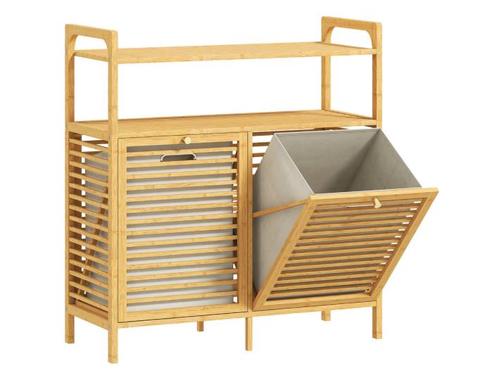Homcom Wäschekorb Bambus Polyester Naturholz, Naturfarben, Textil, Echtholz,Bambus, 2 Fächer, 33x88x82 cm, Badezimmer, Badezimmerschränke, Midischränke