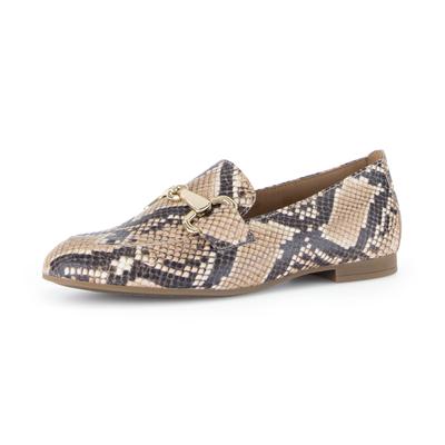 Slipper GABOR, Damen, Gr. 39, Leder Textil, braun (sand, schwarz), Kalbsleder, Schuhe Slipper, Blockabsatz, Businessschuh mit goldfarbenem Schmuck-Zierriegel
