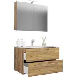 VCM 3-tlg. Waschplatz Waschtisch   Waschbecken Unterschrank Breite 60 cm   Badmöbel Set hängend mit einer Schublade Spiegelschrank   Badinos