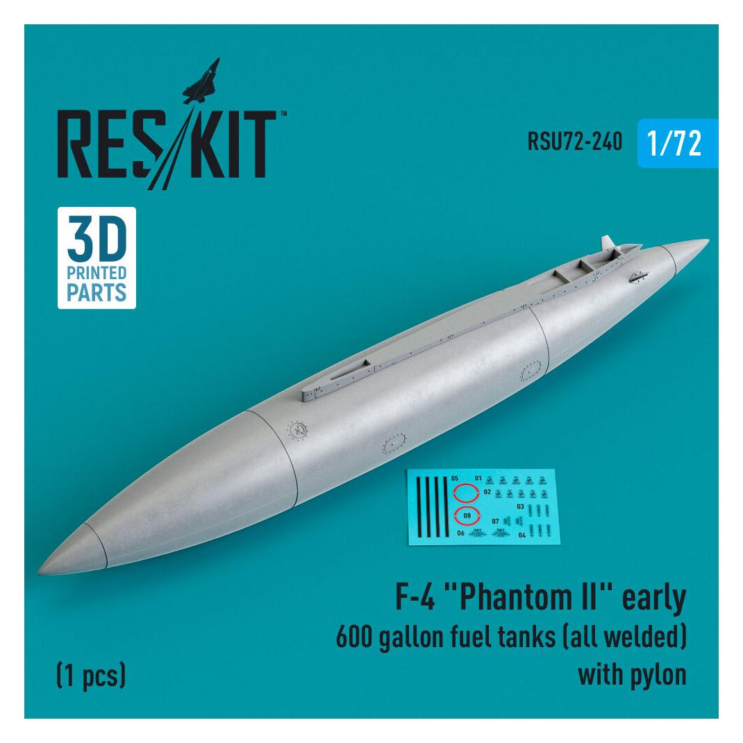 ResKit F-4 Phantom II early 600 gallon fuel tanks (all welded) with pylon (1 pcs) (3D Printed) (RSU72-0240)
