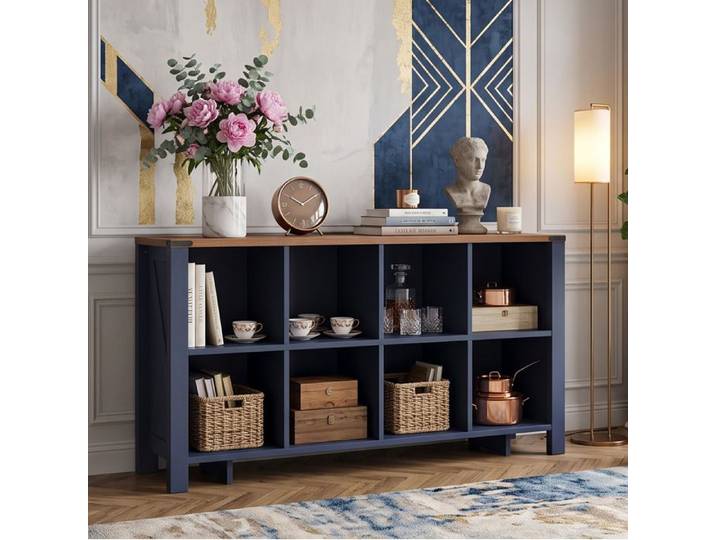 Buffet Bas 140x34x75cm 8 Casiers Gain de Place Enfilade Meuble de Rangement Ouvert