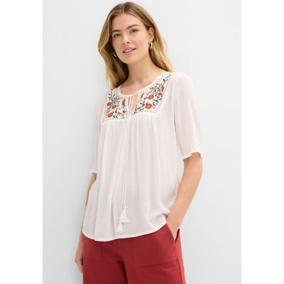 Tunika BONPRIX, Damen, Gr. 48, weiß (wollweiß), Obermaterial: 100% Viskose, A-Linie, Tuniken, Casual Stil, A-Linie Passform, Kurzarm-Design, mit Stickerei
