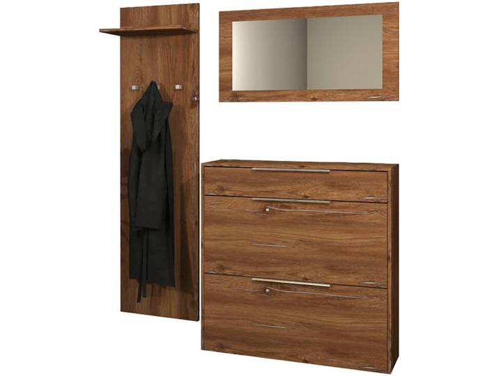 Garderoben-Set BORCHARDT MÖBEL Oliva, Hängeschuhschrank, Spiegel, Garderobenpaneel , schwarz (vintage eichefarben), Holzwerkstoff, Kastenmöbel-Sets, Garderoben-Set