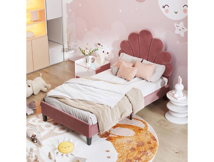 Cadre de lit - TIMPFEE - lit simple - 90 x 200 cm - Velours rouge - Sommier à lattes