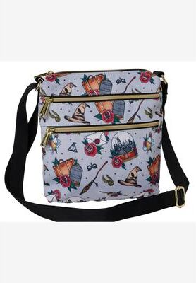 Women's Loungefly x Harry Potter Crossbody Travel Passport Bag Nylon Tattoo All Over Print by Loungefly in Gray (Size ONE SIZE)