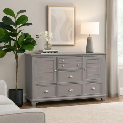 Benjara Limi Dresser, 6 Drawers, 2 Door Cabinets, Light Gray Wood 61 Inch