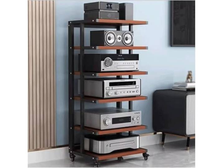 DUddTTW Audio-Rack, bewegliches Stereo-Rack, Audio-Geräte-Rack, Audio-Stereo-Regal, offenes HiFi-Rack aus Holz, Audio-Video-Regal mit Rädern(Red,6 Tier)