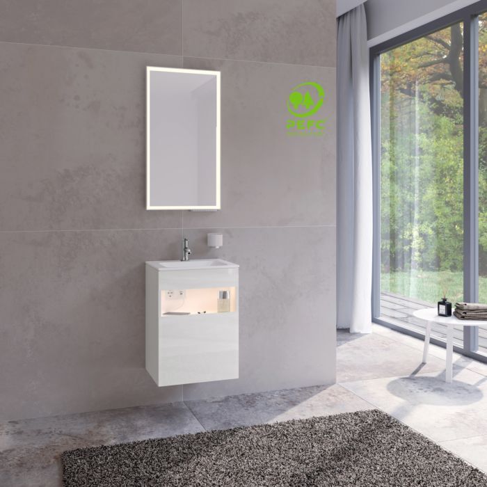 Keuco Stageline Waschtisch-Unterschrank 32822300102 Dekor weiß, Glas weiß klar, 46x62,5x38cm, mit Elektrik, rechts