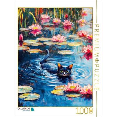 CALVENDO Puzzle Katze schwimmt im Seerosenteich des impressionistischen Gartens | 1000 Teile Lege-Größe 64x48cm Foto-Puzzle für glückliche Stunden