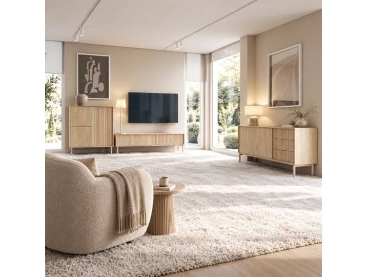 Lomadox Wohnzimmer-Set in Cremona Eiche, Sideboard & Lowboard & Highboard, Rillen-Design