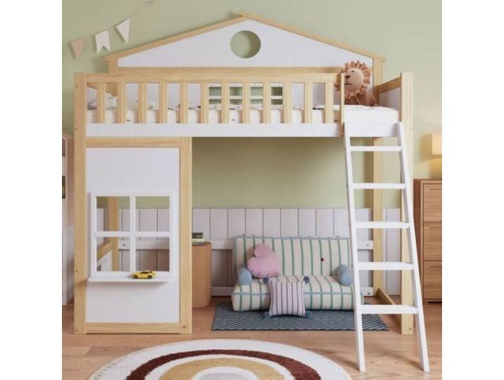 Lit mezzanine cabane escalier 90x200cm Blanc+Naturel superposé barrières protection chutes