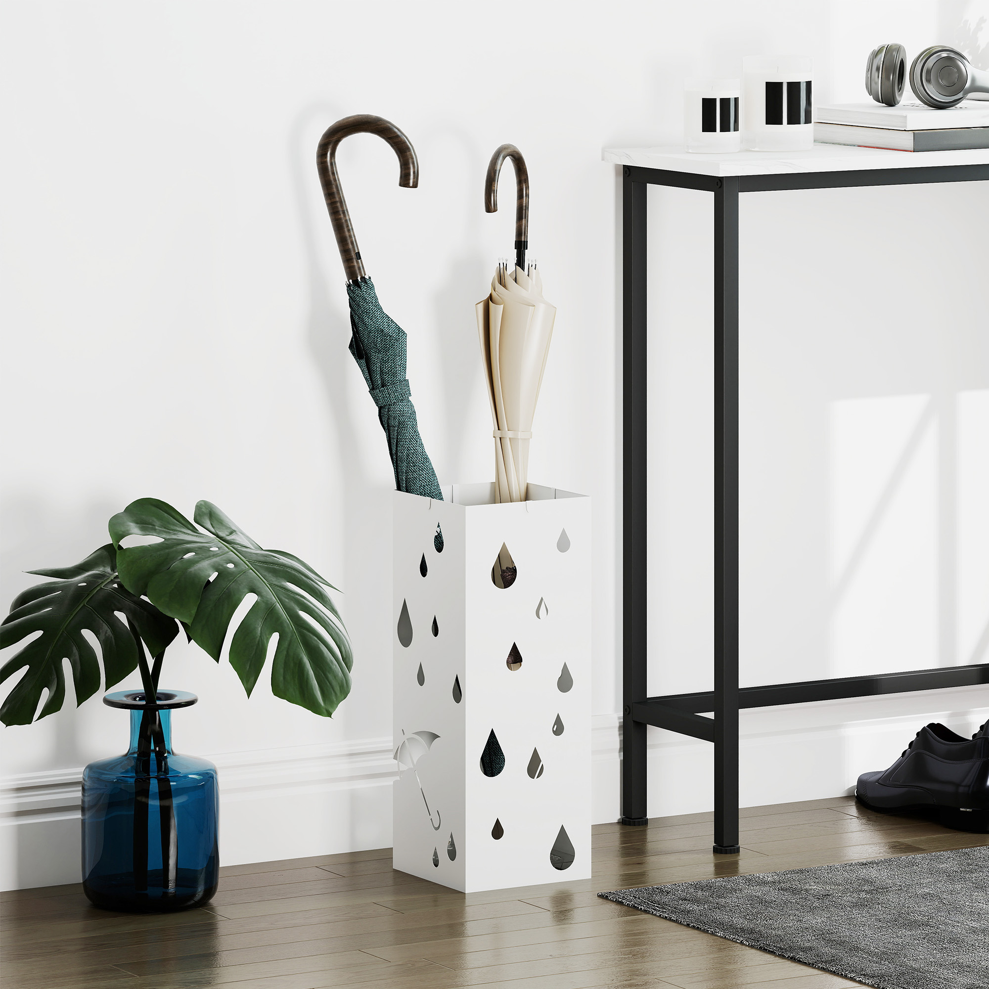 Homcom Portaombrelli in Metallo con 4 Ganci e Vaschetta Raccogligocce, 15.5x15.5x41cm, Bianco