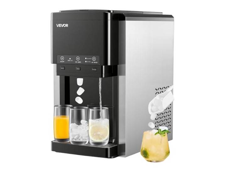 VEVOR Wasserspender mit Eiswürfelbereiter 16 kg/Tag, 3 in 1 Tischwasserspender, 12 Eiswürfel/7 Min. Schnellproduktion mit Vorratsbehälter, Kugeleis/Crushed Ice & Kaltwasser, für Küche Partys