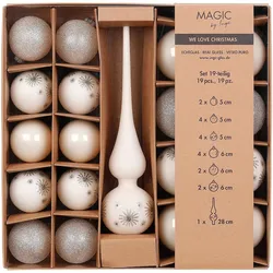 19 Weihnachtskugeln Glas 5-6cm mit Spitze Set Glitzer Motiv Christbaumkugeln Weihnachtsbaumkugeln Christbaumspitze Christbaumschmuck Blanched Almond