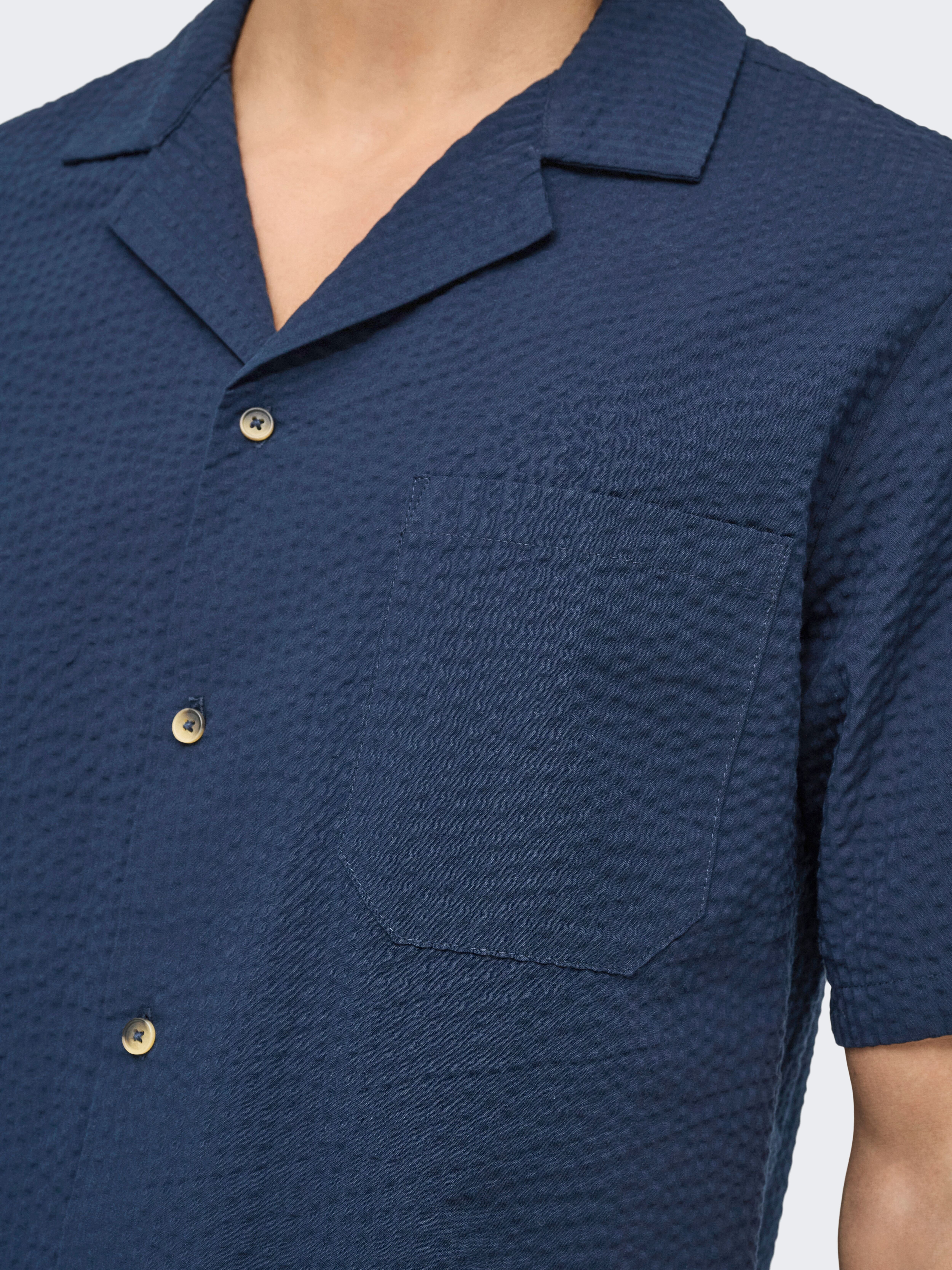 Kurzarmhemd ONLY & SONS "ONSEYE RESORT SEERS 0009 SHIRT NOOS", Herren, Gr. M, N-Gr, blau (navy blazer), Web, Obermaterial: 100% Baumwolle, unifarben, relaxed fit normal, Hemden Kurzarmhemd navy blazer M, N-Gr