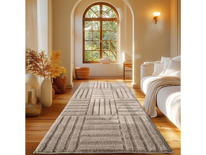 Carpetsale24 Tapis Coureur 80x250 cm Beige Scandi Boho à Carreaux Shaggy Doux Moelleux Effet Relief Moderne Facile à Nettoyer