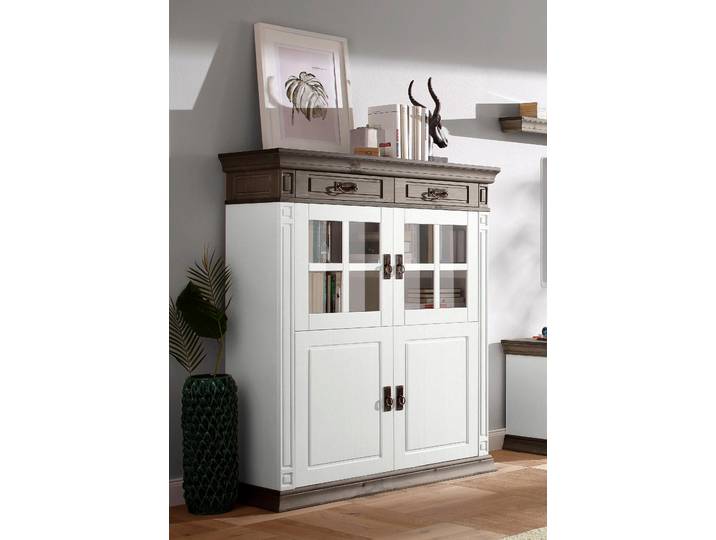 Highboard GOODPRODUCT Vinales, 2 Schubladen, 4 Türen, 3 Einlegeböden, Griffe im Jugendstil , weiss (weiß, wengefarben, gebeizt, lackiert), B:112cm H:130cm T:39cm, FSC-zertifiziertes Massivholz, Sideboards, Highboard, Vitrine, Breite 112 cm, aus massiver Kiefer, FSC